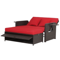 GYMAX Rattan Loveseat Set Daybed Lounge Storage Ottoman Side Tables Adjust Patio In Red
