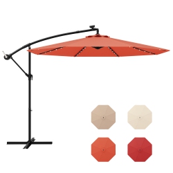 GYMAX 10 Ft Patio Offset Umbrella W/ Solar Lights Deck Umbrella W/ Easy Tilt Adjustment In Orange