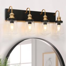 UOLFIN Modern Farmhouse Bathroom Wall Sconce, 4-Light And Brass Transitional Bell Vanity Light With Clear Glass Shades In Black