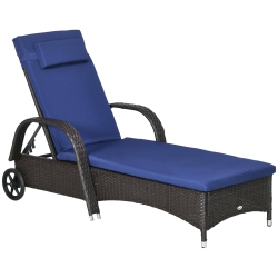 OUTSUNNY Wicker Chaise Lounge, Outdoor Lounge Chair, Pe Rattan Patio Sun Lounger \w Head-Rest, 5-Level Height Adjust Backrest, Cushion & Wheels