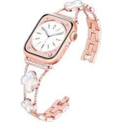 WORRYFREE GADGETS Wfg Metal Bling Band for Apple Watch 42/44/45MM - Flower/rose Gold In White