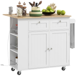 HOMCOM Kitchen Island \w USB Ports & Power Outlets, Farmhouse Kitchen Cart \w Wood Drop Leaf, Rolling Kitchen Island \w 2 Drawers, Spice Rack And