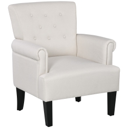 HOMCOM Fabric Accent Chair, Tufted Armchair, Upholstered Modern Living Room Chair With Wood Legs, Rolled Arms, Thick Padding for Bedroom, Cream