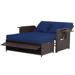 GYMAX Rattan Loveseat Set Daybed Lounge Storage Ottoman Side Tables Adjust Patio In Navy