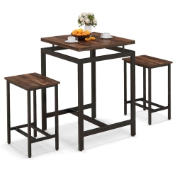 GYMAX Counter Height Table W/ 2 Stools Floating Tabletop & Footrest Rustic In Brown