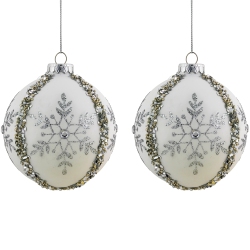 NORTHLIGHT Set Of 2 Matte Sequin Glitter Snowflake Glass Christmas Ornaments 4" In White