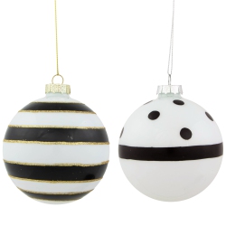 NORTHLIGHT Striped And Dotted Christmas Glass Ball Ornaments - 4" - And Black - Set Of 2 In White