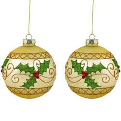 NORTHLIGHT Glittered Holly And Berries Christmas Glass Ball Ornaments - 4" - - Set Of 2 In Gold
