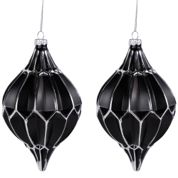 NORTHLIGHT Set Of 2 Matte And Silver Finial Christmas Glass Ornaments 5" In Black