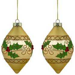 NORTHLIGHT Set Of 2 Golden Glitter Holly Finial Christmas Glass Ornaments 5