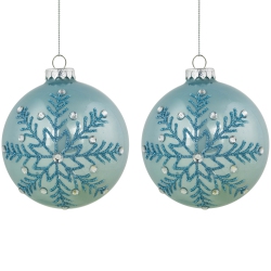 NORTHLIGHT Glittered And Jeweled Snowflake Christmas Glass Ball Ornaments - 4" - Ice In Blue