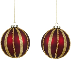 NORTHLIGHT Beaded Stripes Christmas Glass Ball Ornaments - 4" - Burgundy And - Set Of 2 In Gold