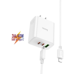 CSMART Pd 40W Triple Ports USB-A Port & 2X USB-C Port Wall Charger Power Adapter With Lightning Cable