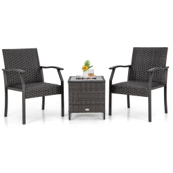 GYMAX 3PCs Conversation Set All Weather Wicker Chair Tempered Glass Table Quick Dry Foam Patio
