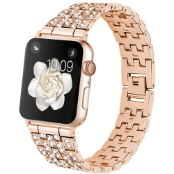 WORRYFREE GADGETS Wfg Diamond Blocks Bling Metal Band for Apple Watch - 42/44/45MM - Rose In Gold