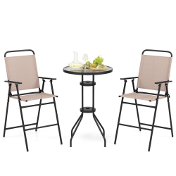 GYMAX 3PCs Bistro Set Folding Chairs Round Bar Table W/ 1.6" Umbrella Hole Yard Patio