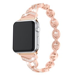 WORRYFREE GADGETS Wfg Metal Band for Apple Watch Sleek O-Links With Rhinestones - 42/44/45MM - Rose In Gold