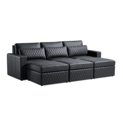 VALENCIA Pisa Leather Lounge Sectional Sofa 3 Seats & 3 Ottomans, Black