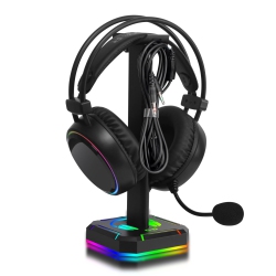 HLD Headphones Stand, Headphone Holder \w Hooks for Earphone, Earbuds, Cables, Headset Stand \w RGB Lights for Desk Decoration, Ideal Gift for Friend