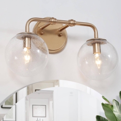UOLFIN Modern Globe Bathroom Vanity Light 2-Light Brass Round Powder Room Wall Sconce Light With Seeded Glass Shades In Gold