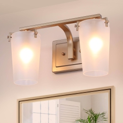 UOLFIN Transitional Bathroom Vanity Light, 2-Light Modern Linear Bathroom Wall Sconce With Frosted Glass Shades In Gold