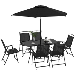 OUTSUNNY 8 Piece Patio Dining Set for 6 \w Umbrella, Outdoor Table And Chairs \w 6 Folding Chairs \w Mesh Seat And Rectangle Dining Table \w
