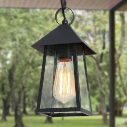 UOLFIN Modern Farmhouse Metal Outdoor Hanging Lights, 1-Light Classic Outdoor Pendant Light With Seeded Glass Shade In Black