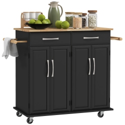 HOMCOM Kitchen Island With Storage, Rolling Kitchen Cart On Wheels With 2 Drawers, 2 Cabinets, Rubberwood Top And Towel Racks (Black)