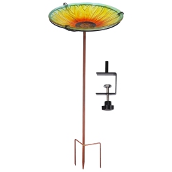 SUNNYDAZE DECOR Sunnydaze Deck-Mounted Glass Bird Bath With Stake - Blooming Sunflower