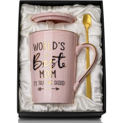 ALBISS Mother's Day Funny Mug: 'world's Best Mom' Printed In Gold - Ideal Birthday Presents, 14OZ Marble Ceramic Coffee Cup \w Lid, Nicely