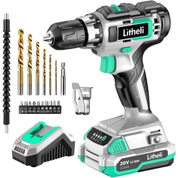 LITHELI Cordless Drill Driver, 20V Max Power Drill Cordless Set, Variable Speed, 2.0 Ah Battery And 1 Hour Fast Charger Included
