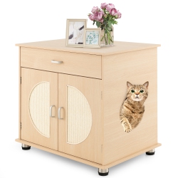 GYMAX Cat Litter Box Enclosure W/ Sisal Scratching Doors Storage Adjustable Metal Feet