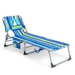 GYMAX Outdoor Beach Lounge Chair Folding Chaise Lounge W/ Pillow Blue & In Green