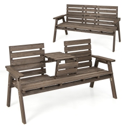 GYMAX Outdoor Fir Wood Bench W/ Foldable Middle Table W/ Backrest & Armrests