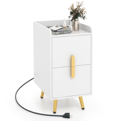 COSTWAY Nightstand With Charging Station Home Bedside Sofa Side Tables With 2 Drawers Coffee/white