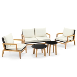 GYMAX 5 Piece Rattan Furniture Set W/ Wicker Woven Sofa Set & Solid Acacia Wood Frame