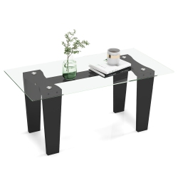 GYMAX Rectangle Coffee Table Modern Tempered Glass Top Accent Table In Black