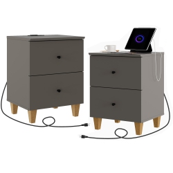 WAMPAT Set Of 2 Nightstands \w Charging Station &2 Drawers Storage Shelf, Modern End Tables Farmhouse Wood Bedside Table for Living Room And