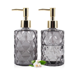 NIERBO 12 Ounce Diamond Design Glass Refillable Hand Soap Dispensers, Mouthwash & Lotion Dispensers for Kitchen, Bathroom, Set Of 2 In Gray