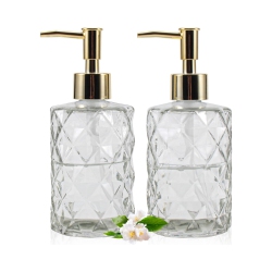 NIERBO 12 Ounce Clear Diamond Design Glass Refillable Hand Soap Dispensers, Mouthwash & Lotion Dispensers for Kitchen, Bathroom, Set Of 2