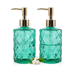 NIERBO 12 Ounce Diamond Design Glass Refillable Hand Soap Dispensers, Mouthwash & Lotion Dispensers for Kitchen, Bathroom, Set Of 2 In Green