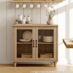 WAMPAT Wamapt Sideboard Buffet Cabinet \w Glass Door, Kitchen Storage Cabinets, Wood Coffee Bar Tables \w Adjustable Shelf, Accent Sideboard Storage