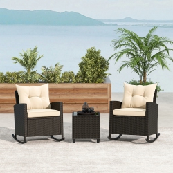 GYMAX 3 Piece Outdoor Rocking Set Rattan Rocking Chair Set W/ Tempered Glass Table Seat
