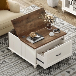 WAMPAT Farmhouse Coffee Table \w Gas Struts Flip-Top, Square Wood Center Table \w Large Hidden Storage Compartment And Side Drawer for Living Room