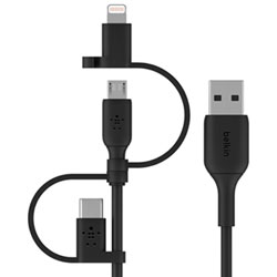Belkin 3-In-1 1m (3.3ft) USB-A to MicroUSB Cable with USB-C/Lightning Adapters (CAC001bt1MBK) - Black