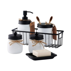 NIERBO & Black 6 Pieces Premium Mason Jar Bathroom Accessories Set - Rustic Farmhouse Decor, for Bathroom, Kitchen In White