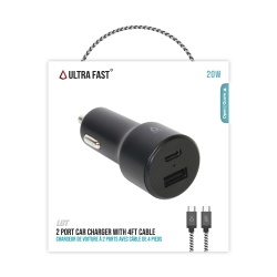 LBT Ultra Fast 20W Dual-Port Car Charger + 4 Foot USB-C to C Braided Cable