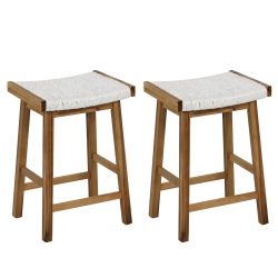 COSTWAY 25.5" Dining Saddle Stool Set Of 2 Counter Height Seaweed Woven Seat Solid Wood