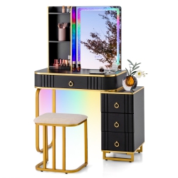 COSTWAY Vanity Table Set With RGB Led Lights Crystal Crush Diamond Mirror Drawers