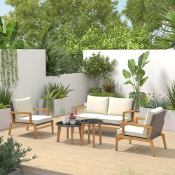 COSTWAY 5 Piece Rattan Furniture Set Wicker Woven Sofa Set With Solid Acacia Wood Frame